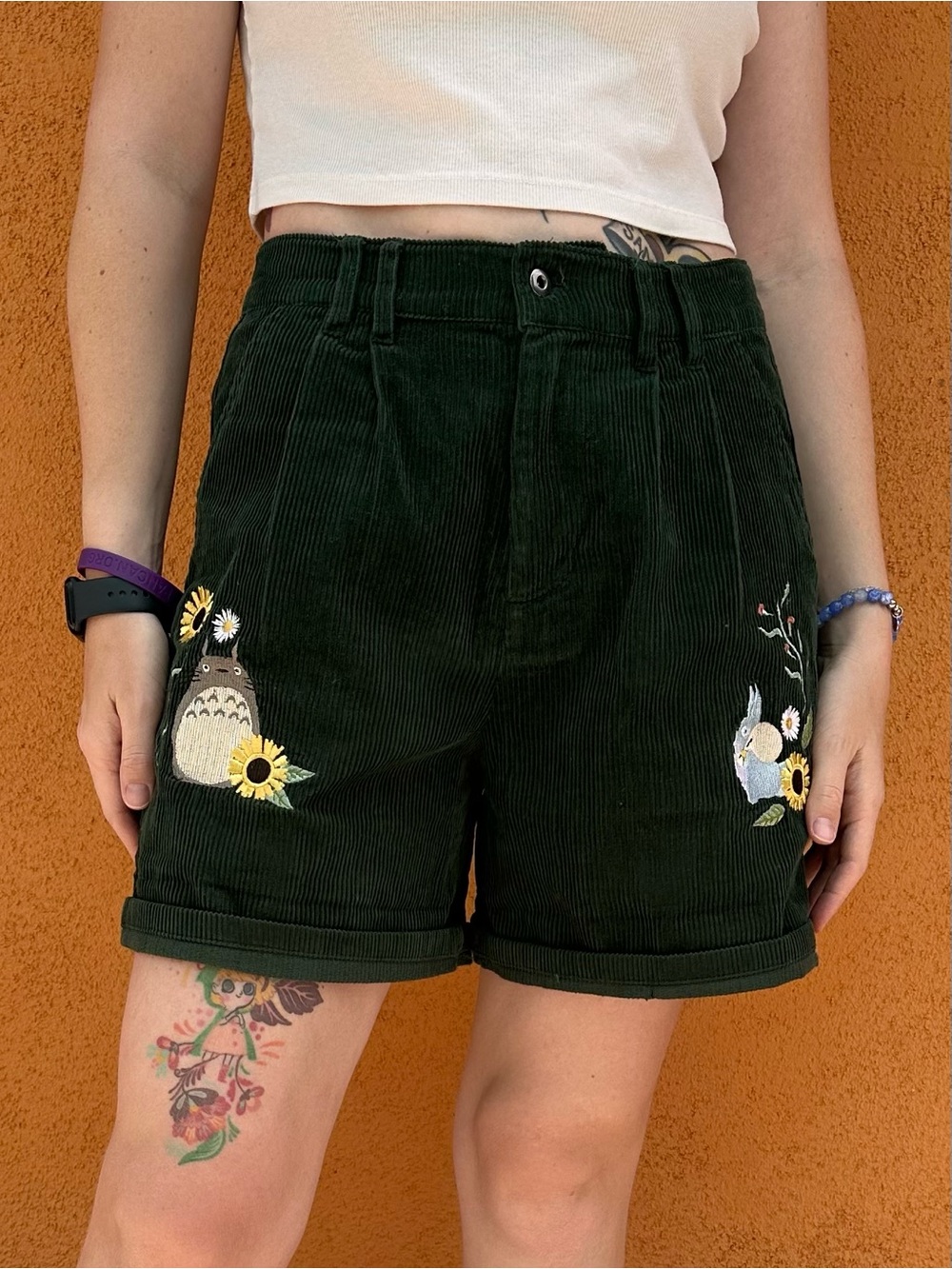 Totoro Dark Green Corduroy High-Waist Embroidered Shorts
